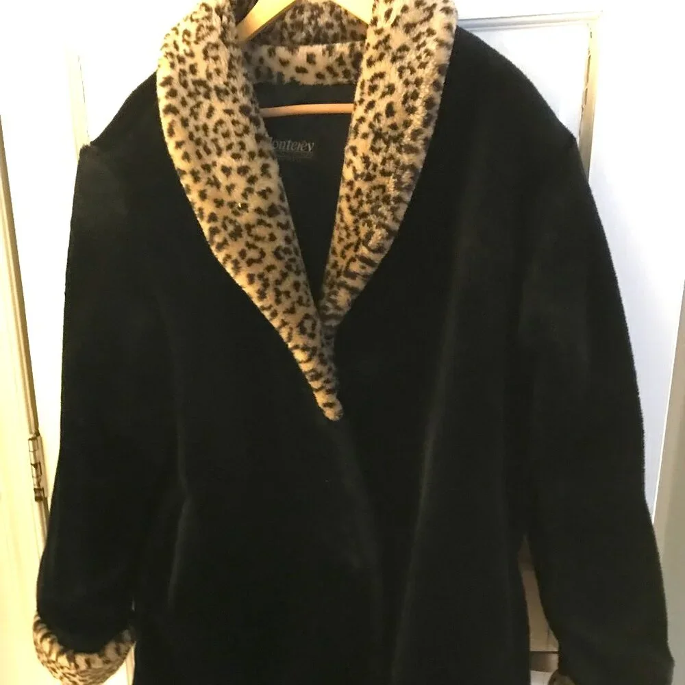 Vintage very warm black Coat PArka Faux leopard fur sz L - Picture 1 of 2